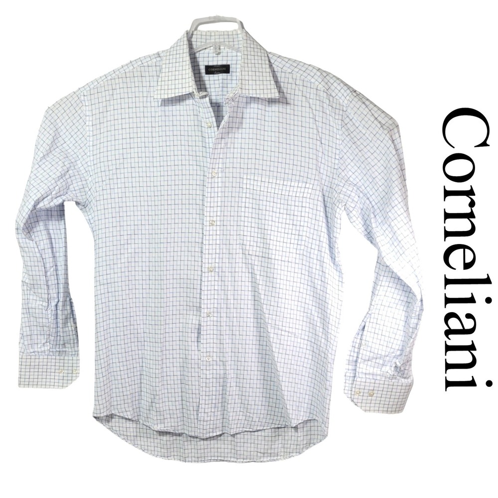 Corneliani Dress Shirt Mens 17/43 Blue White Cotton Grid Check Italy‎ Designer